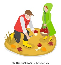 3D Isometric Flat Vector Illustration of Mushroom Picking, Autumn Forest. Item 3