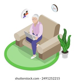 3D Isometric Flat Vector Illustration of Senior People Rest At Home, Retiree Lifestyle. Item 2