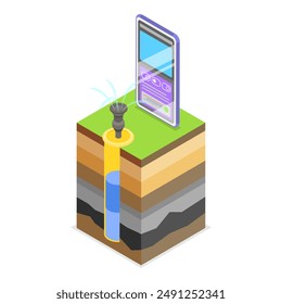 3D-isometrische flache Vektorillustration der Komponenten des Bewässerungssystems, Bodenfeuchtigkeitskontrolle. Punkt 2