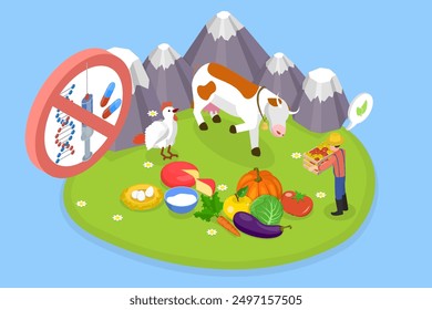 3D Isometric Flat Vector Illustration of Organic Farming, Products Without Antibiotics, Hormones, or GMO Ingredients