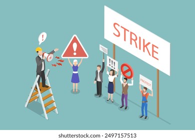 3D Isometric Flat Vector Illustration of Workers On Strike, Employees Protest of Payment and Working Conditions