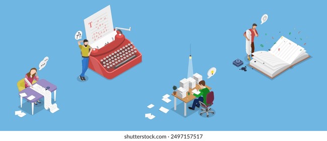 3D Isometric Flat Vector Illustration of Writers Or Poets , Literature as Hobby or Profession