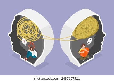 Ilustración vectorial plana isométrica 3D de psicología y tratamiento bipolar, problemas de salud mental