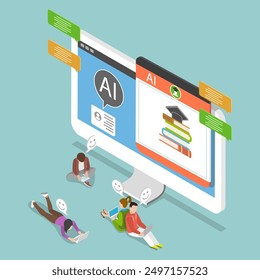 3D Isometric Flat Vector Illustration of AI Helper Bot Education, Students Engaging in E-Learning with Education Assistant