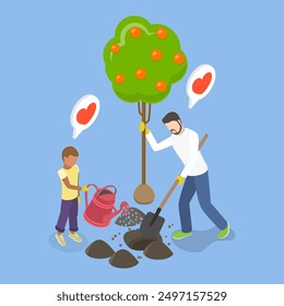 3D Isometric Flat Vector Illustration of Family Garden, Parent and Kid Planting a Tree with Watering Can and Shovel