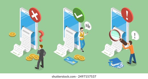 3D Isometric Flat Vector Illustration of Bank Payment Receipt, Success and Error Status Check