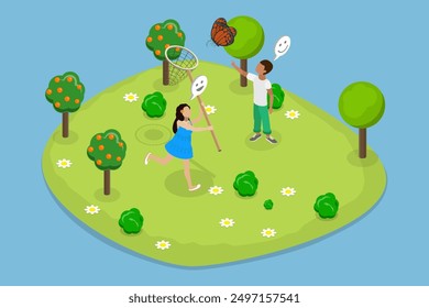 3D Isometric Flat Vector Illustration of Summer Games, Kids Capturing Fluttering Butterfly Using Net