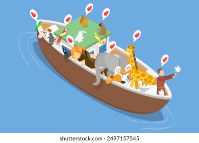 3D Isometric Flat Vector Illustration of Ark And Noah, Noah releases dove from ark in Genesis flood narrative scene.