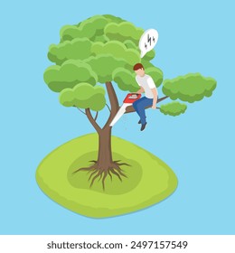 3D Isometric Flat Vector Illustration of Making Great Mistake, A Man Cutting Branch While Seated on It