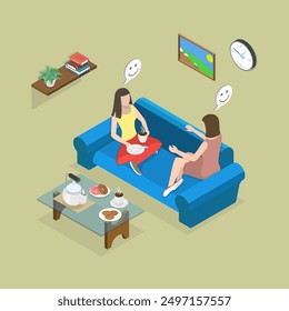 3D Isometric Flat Vector Illustration of Friends Conversation, Chattering and Laughing with Drinks on Sofa