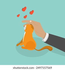 3D Isometric Flat Vector Illustration of Care of Domestic Animal, Person Tenderly Strokes Adorable Fluffy Pet