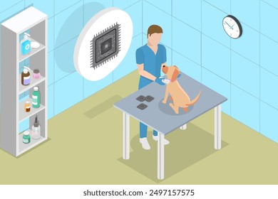 3D Isometric Flat Vector Illustration of Pet Microchipping, Home Animals Microchip Service