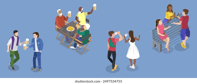 3D Isometric Flat Vector Illustration of People Enjoy Beer, Refreshing and Sociable Qualities of the Drink