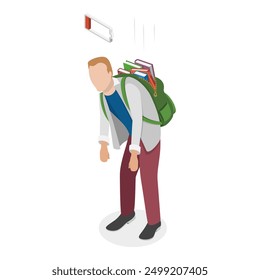 3D Isometric Flat Vector Illustration of Tired Student, Problems at School or University. Item 1