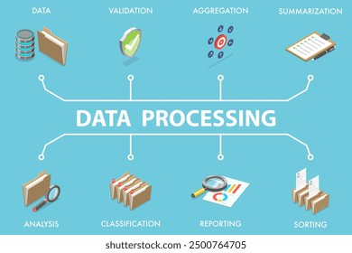 3D Isometric Flat Vector Illustration of Data Processing, Statistics and Analytics