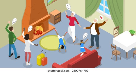 3D Isometric Flat Vector Illustration of Grandparent Home, Visit of Happy Grandchildren