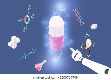 3D Isometric Flat Vector Illustration of Artificial Intelligence Technology, AI in Drug Discovery