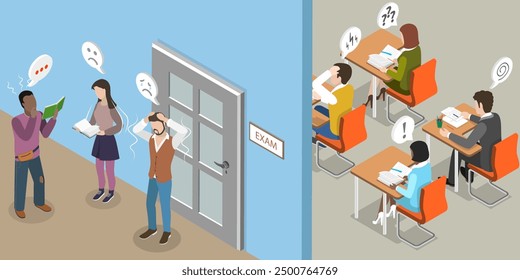 3D Isometric Flat Vector Illustration of Educational Stress, Anxiety Palpable In The Exam