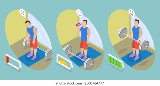 3D Isometric Flat Vector Illustration of Increas Training Power And Productivity , Beverage for Strength and Energy Boost