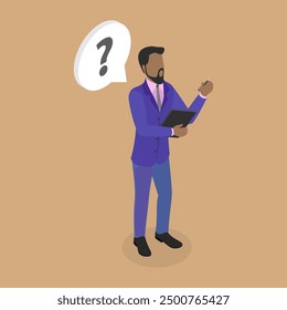 3D Isometric Flat Vector Illustration of Office Worker, Man Thinks While Holding Clipboard and Pen