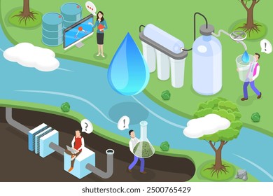 3D Isometric Flat Vector Illustration of Water Purification Systems, Sewage Treatment Processes
