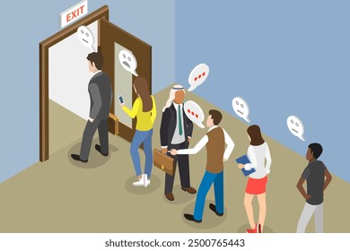 3D Isometric Flat Vector Illustration of Resignation and Dismissal, Workers Formed Queue to Leave Office