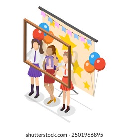 3D Isometric Flat Vector Illustration of School Fair , Children Having Fun. Item 1