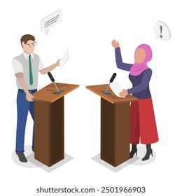 3D Isometric Flat Vector Illustration of Political Debates, Stage Communication with Arguments. Item 1