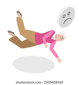 3D Isometric Flat Vector Illustration of Old People Stumble, Seniors Traumatic Accidents. Item 2