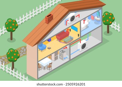 3D Isometric Flat Vector Illustration of Central Air Conditioning System, HVAC