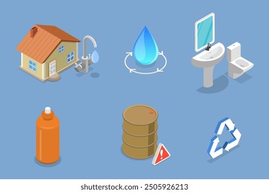 3D Isometric Flat Vector Illustration of Water Conservation, Rainwater Collection for Resource-Saving