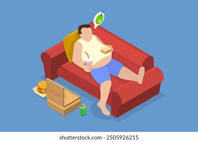 3D Isometric Flat Vector Illustration of Overeating, Lazy Overweight Man Lounging on Couch