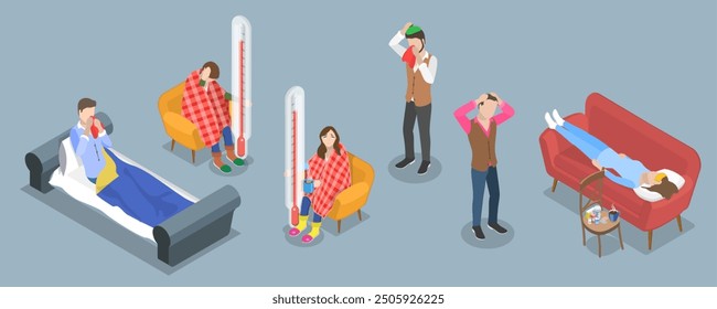 3D Isometric Flat Vector Illustration of Diverse Unhealthy People, Charecters Suffering from Flu and Fever with Cough and Sneeze