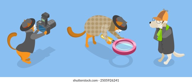 3D Isometric Flat Vector Illustration of Funny Pet Detectives, Crime Investigating