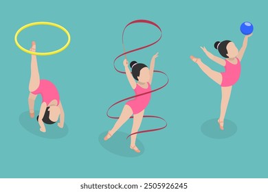 3D Isometric Flat Vector Illustration of Gymnastics Kids, Making Sport Exercises