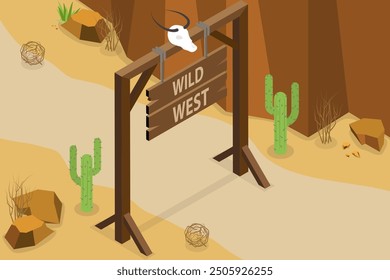 3D Isometric Flat Vector Illustration of Wild West Composition, Cacti, Trees and Wooden Gates