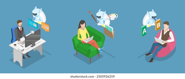 3D Isometric Flat Vector Illustration of Artificial Intelligence, AI Creating Texts, Images, and Video