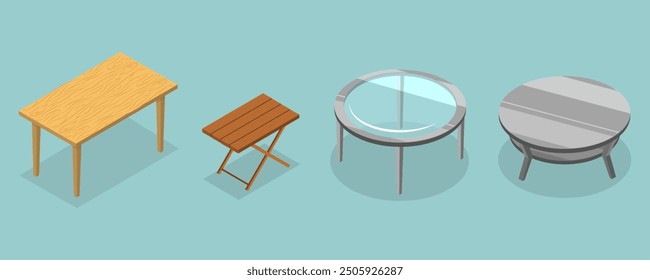 3D Isometric Flat Vector Illustration of Tables Collection, Wooden Furniture