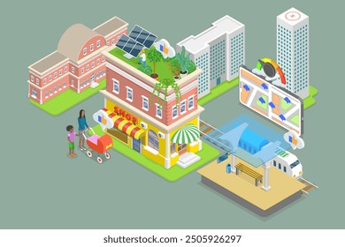 Ilustración vectorial plana isométrica 3D de monitoreo de datos de emisiones de carbono, seguimiento de CO2.