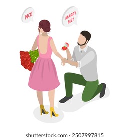 3D Isometric Flat Vector Illustration of Marriage Proposal Rejection, Wedding Refusal. Item 2