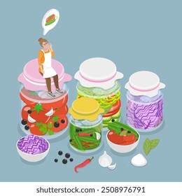 Ilustración vectorial plana isométrica 3D de alimentos fermentados, encurtidos y repollo sanos Jarred