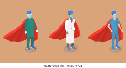 3D Isometric Flat Vector Illustration of Doctor Super Hero, Professional Hospital Workers