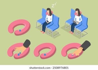 Ilustração de vetor plana isométrica 3D da instrução de travesseiro de pescoço, usando travesseiro de pescoço para alcançar o máximo conforto durante a viagem