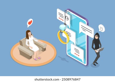 3D Isometric Flat Vector Illustration of Romance Scam, Online Dating Phishing Fraud