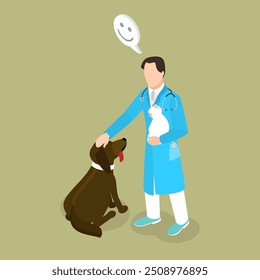 3D Isometric Flat Vector Illustration of Vet Doctor, Healthy and Happy Pets