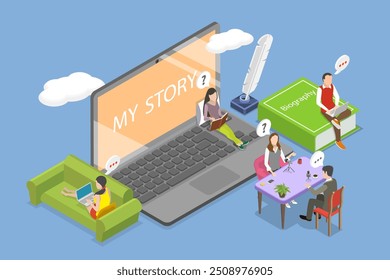 3D Isometric Flat Vector Illustration of Biography Writing, My Story