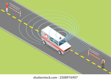 Ilustração de vetor plana isométrica 3D do efeito Doppler, fonte de som em movimento