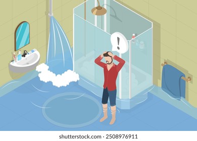 Ilustración vectorial plana isométrica 3D de inundación, accidente y desastre en el baño en casa