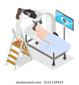 Ilustração de vetor plano isométrico 3D da cirurgia LASIK, melhoria da visão ocular. Rubrica 3