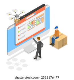 Ilustração de vetor plano isométrico 3D da logística global, da indústria de gestão de aquisições. Rubrica 3